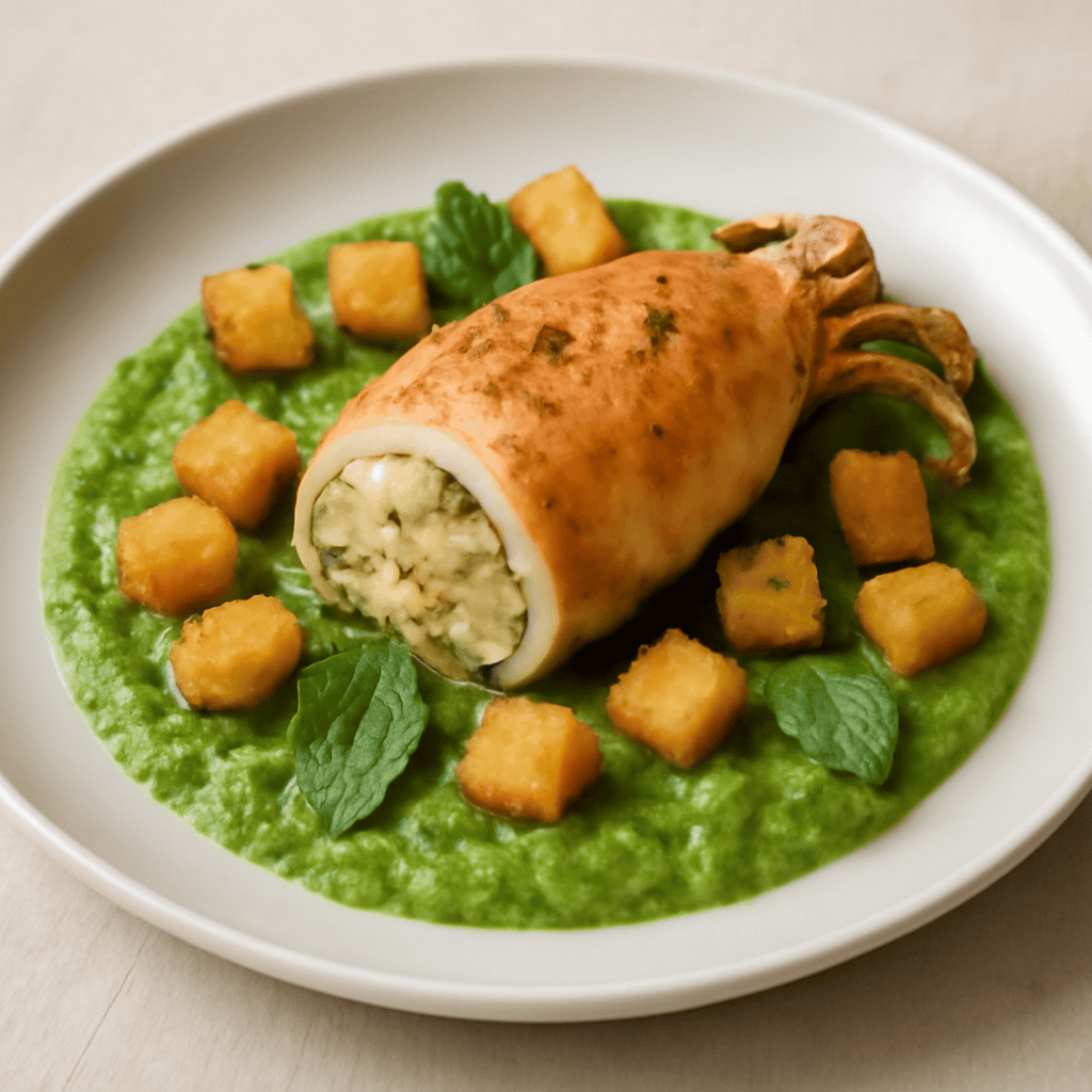 CALAMARO RIPIENO DI PATATE E MENTA SU CREMA DI PISELLI E ANANAS CROCCANTE