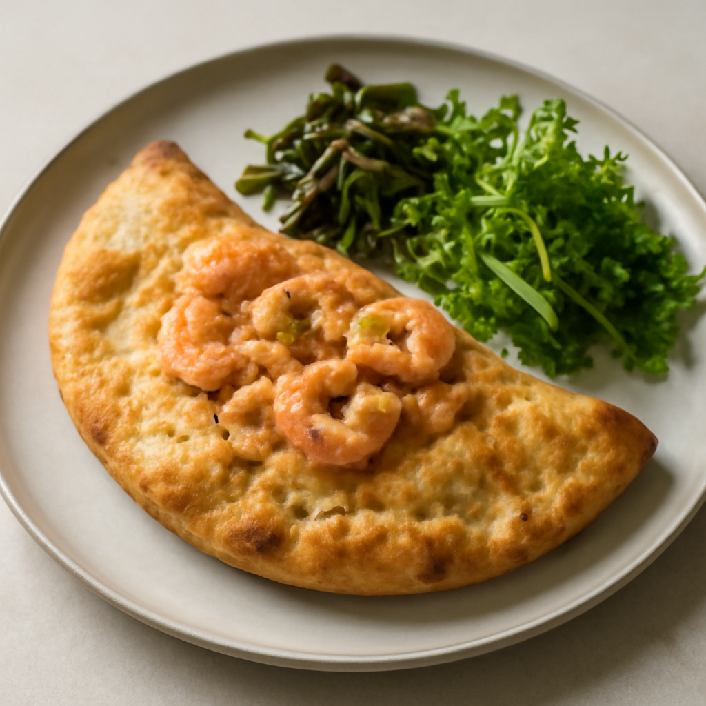 CALZONE AI GAMBERETTI, INSALATA DI ALGHE E INDIVIA RICCIA