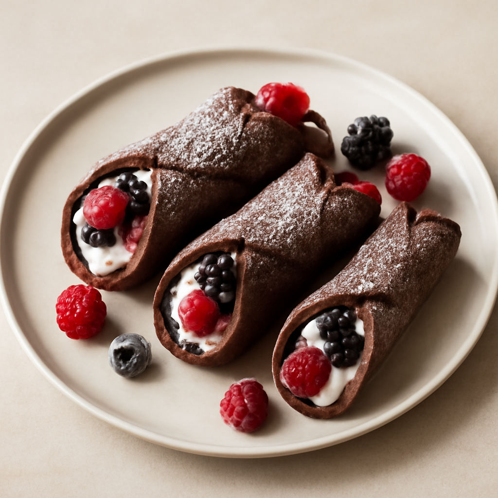 Cannoli al cacao con profumo di averna e cuore ai frutti di bosco
