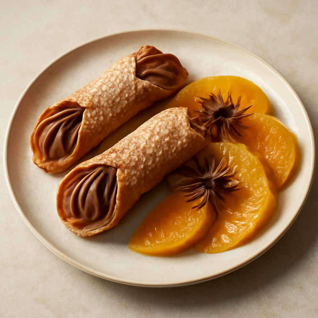 Cannoli ripieni di mousse di cioccolato al latte accompagnati da arance marinate all’anice stellato