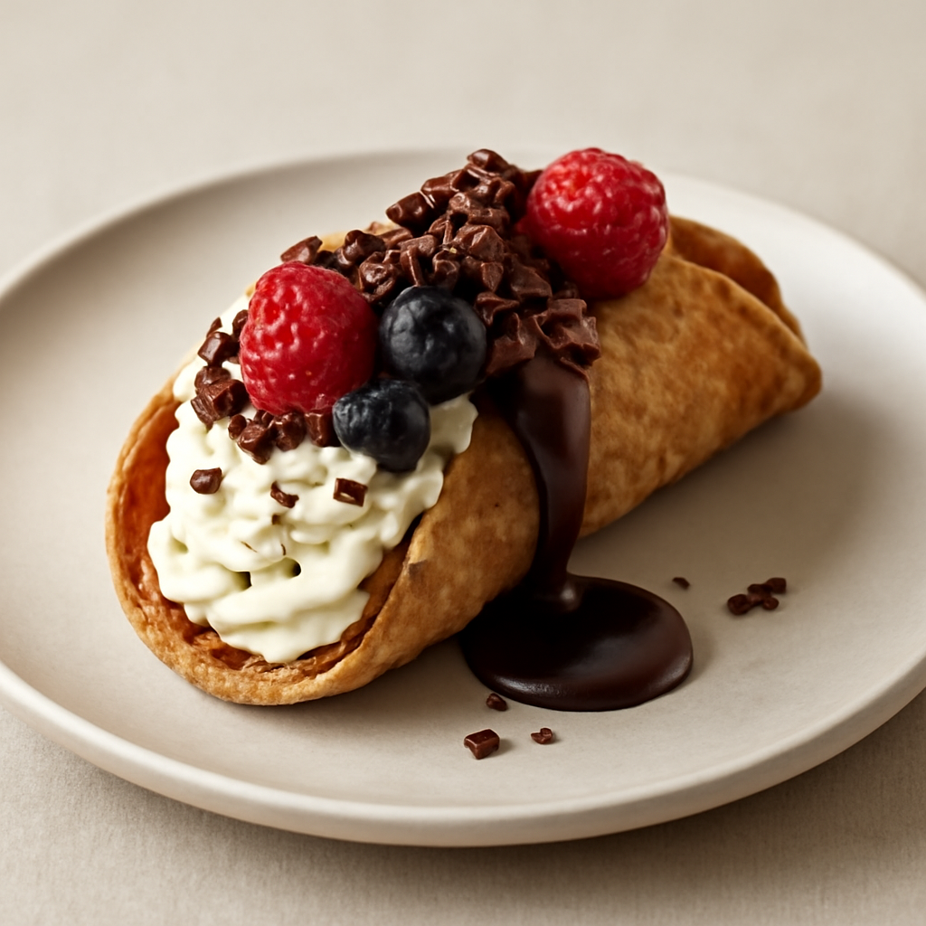 Cannolo ai frutti di bosco con crema chantilly, scaglie di cioccolato e ganache al gianduia.