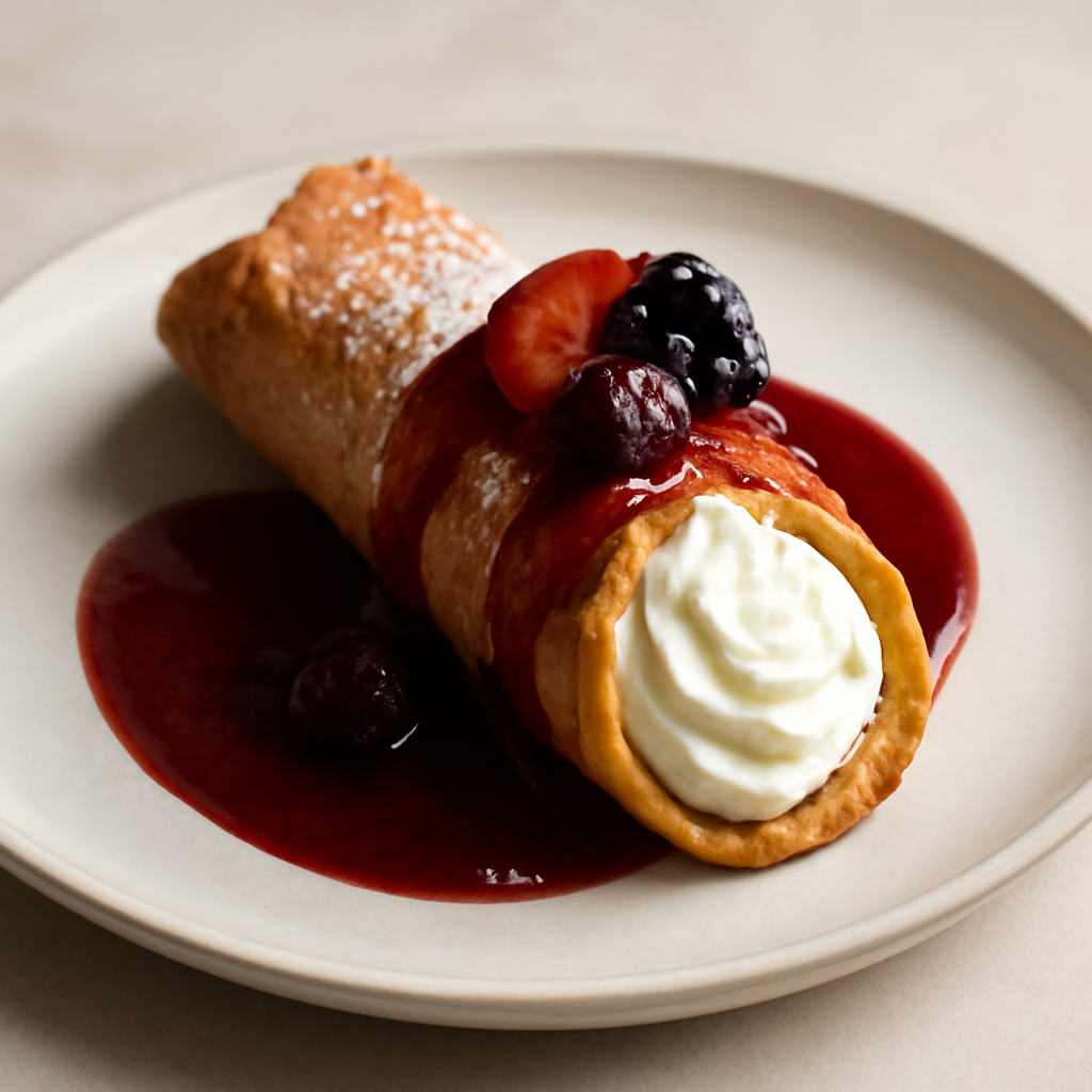 Cannolo alla ricotta e salsa ai frutti rossi