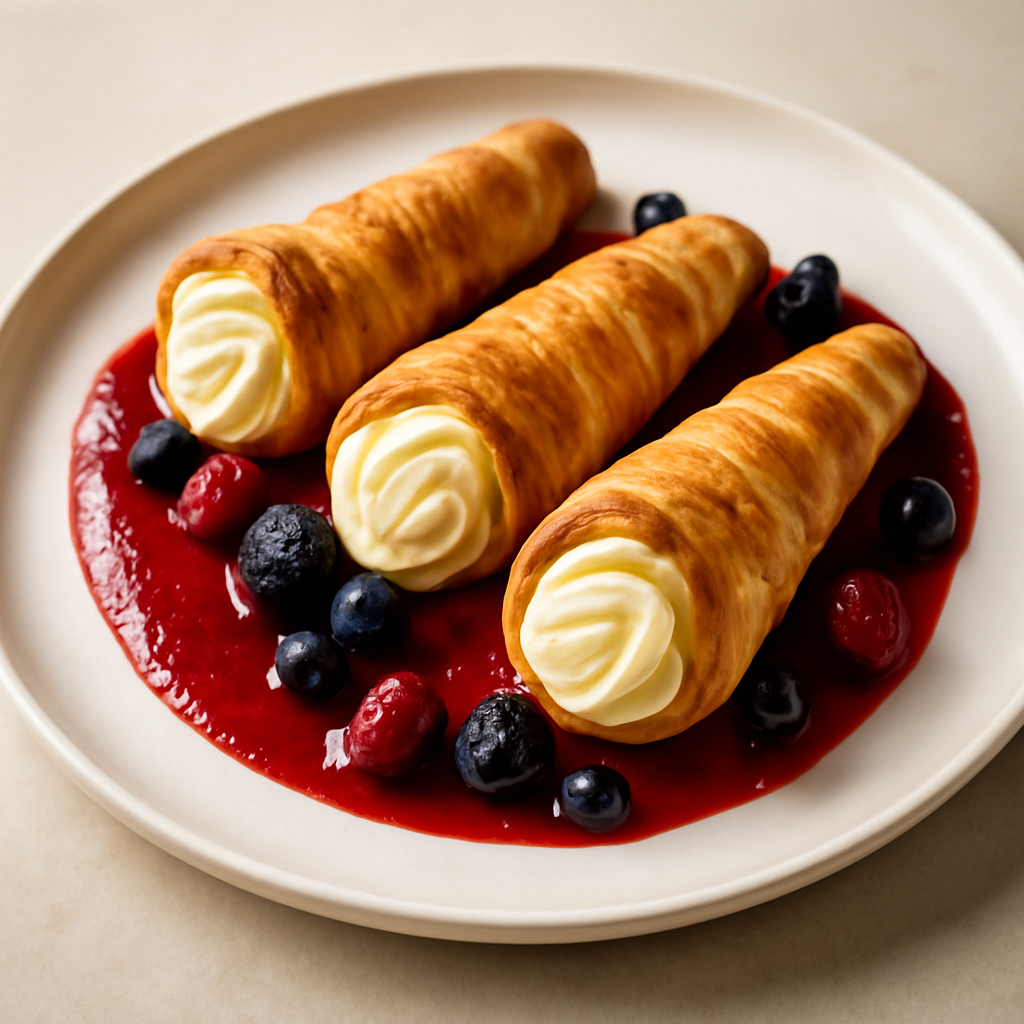 Cannoncini ripieni di mousse alla citronella su coulis di frutti di bosco