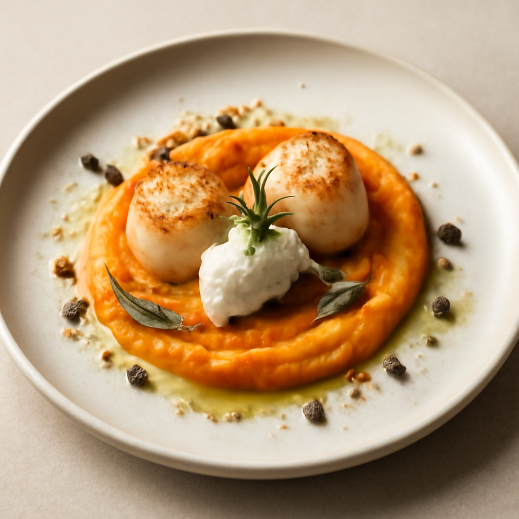 Capasanta aromatizzata alle carote con quenelle di robiola
