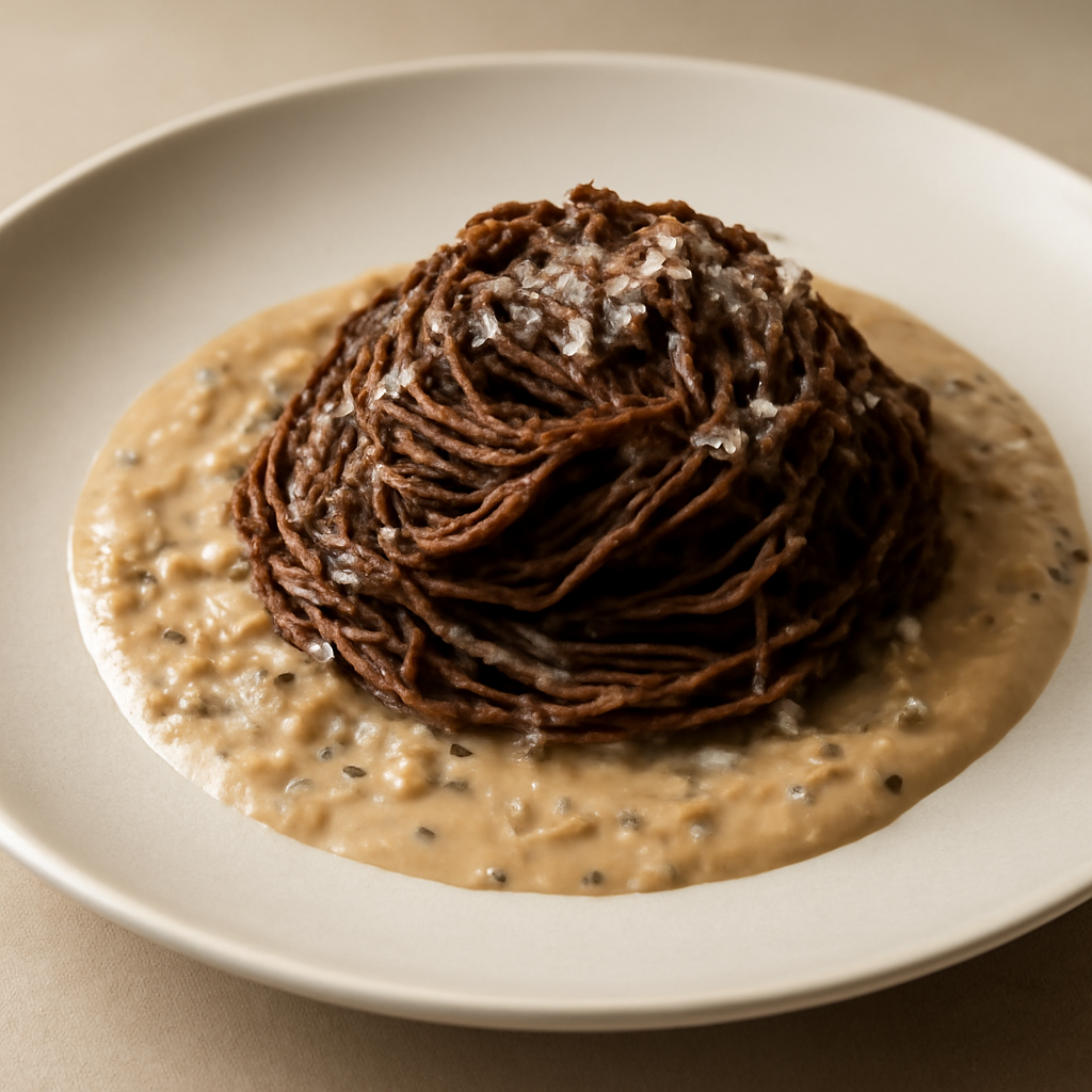 capelli d’angelo al caffe’ su crema di funghi porcini e parmigiano reggiano