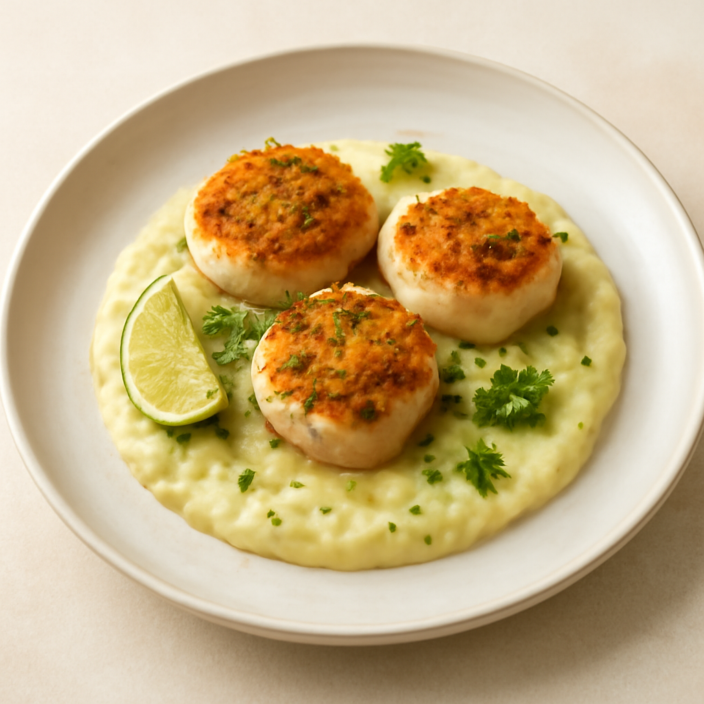 Capesante gratinate su crema di patate e porro