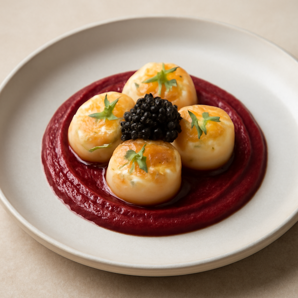 Cappasanta marinata,crema di rapa rossa e caviale di aceto