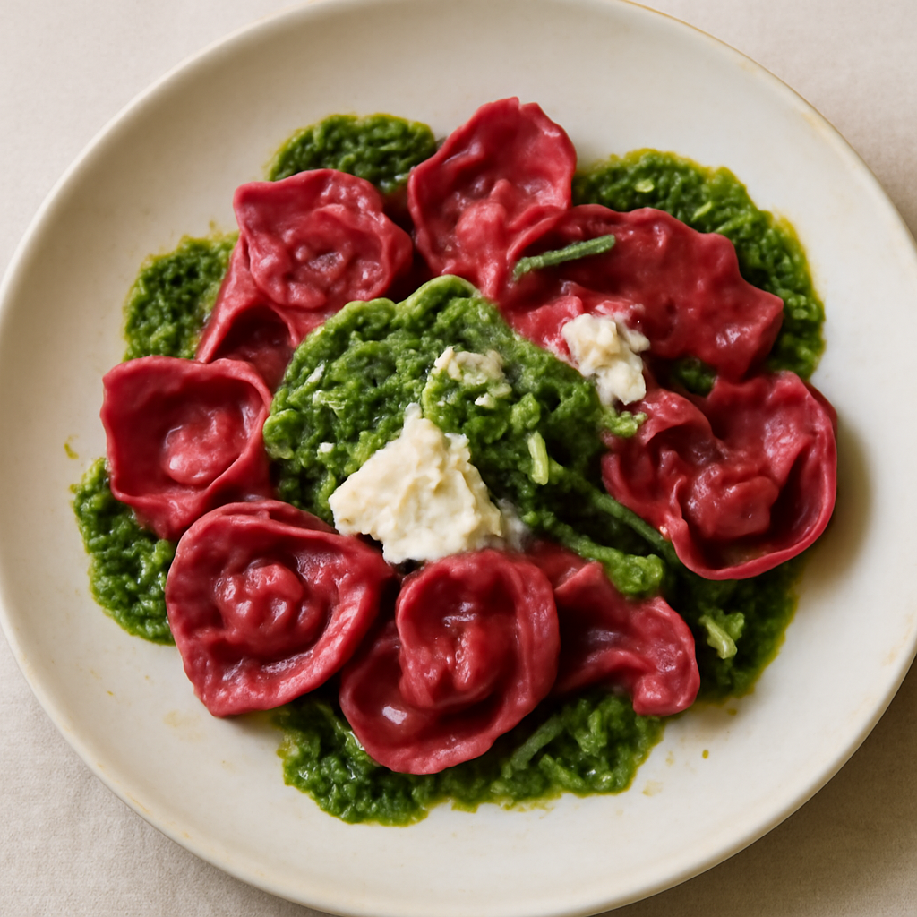 Cappellacci alla rapa rossa con stracchino e pesto di rucola