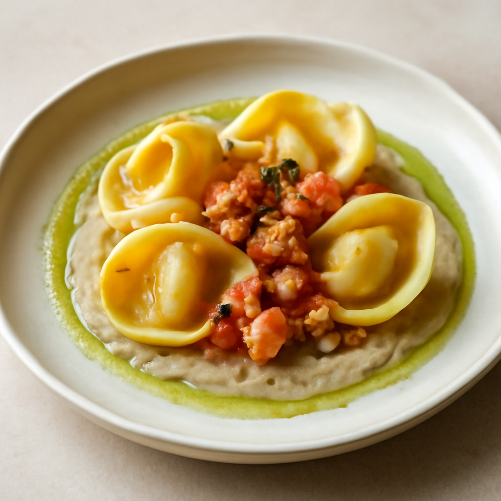 Cappellacci con crema di melanzane ragù di pesce spada e salsa di sedano