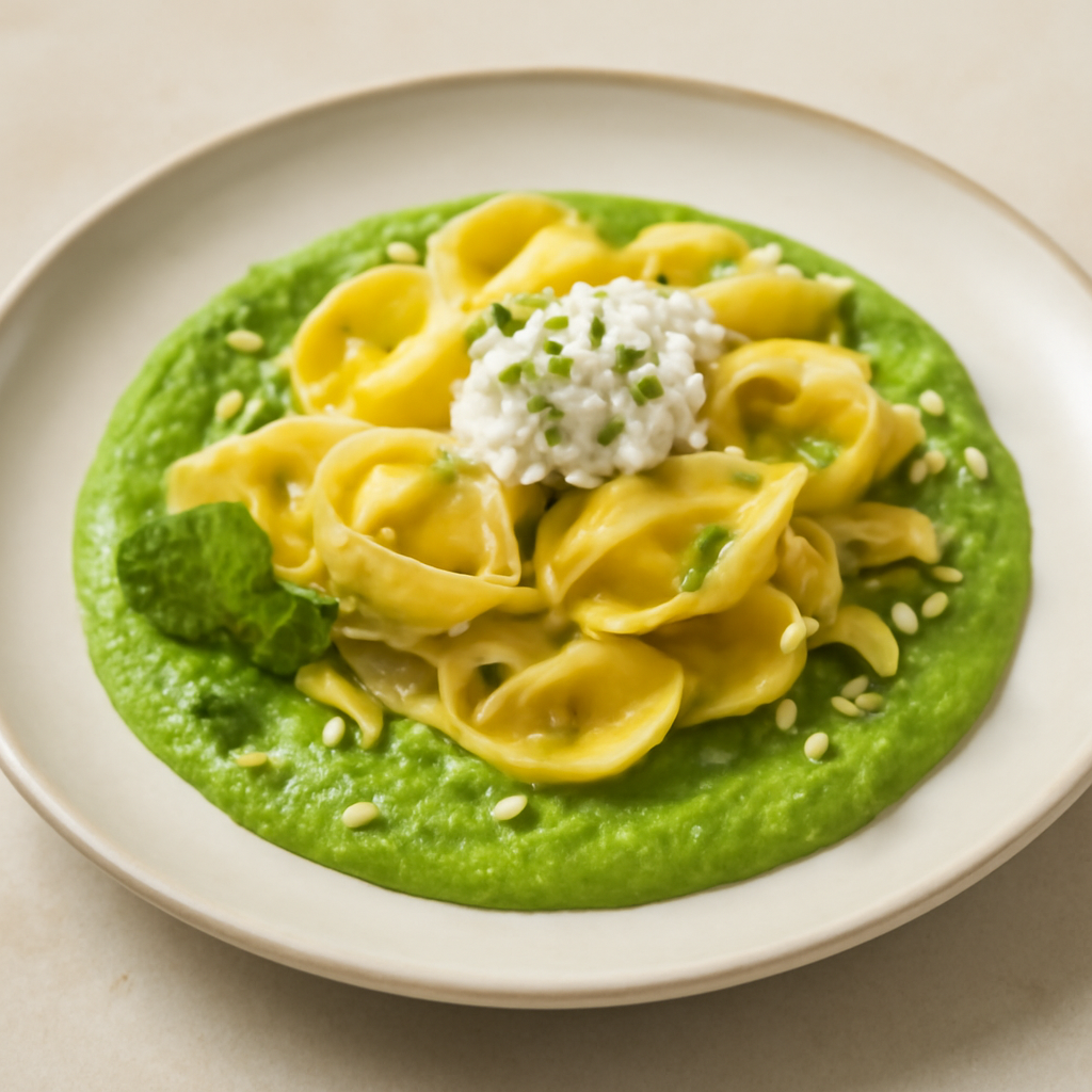 Cappelletti su crema di piselli e mandorle