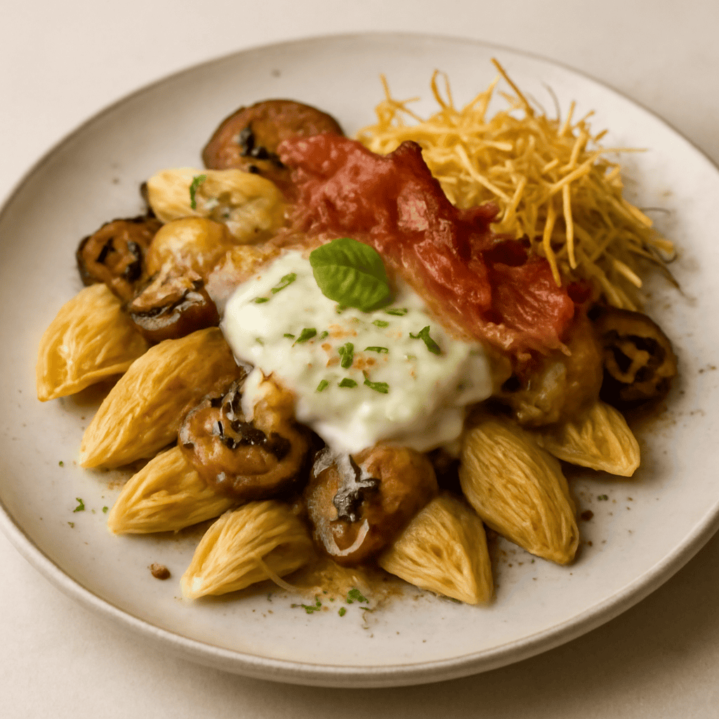 Cappelli di champignon con taleggio alle erbe speck croccante e paille di patate su pan grattato tostato.