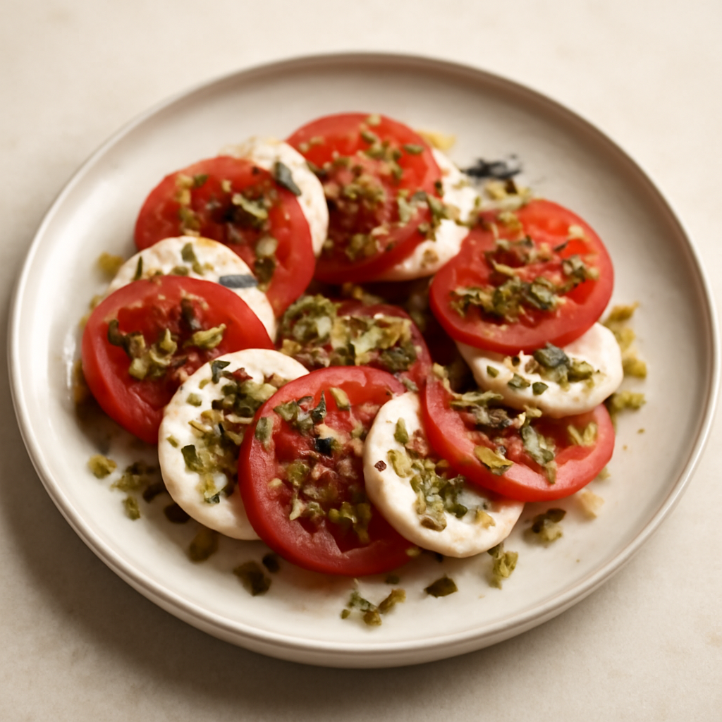 Caprese con pistacchi e farina di castagne