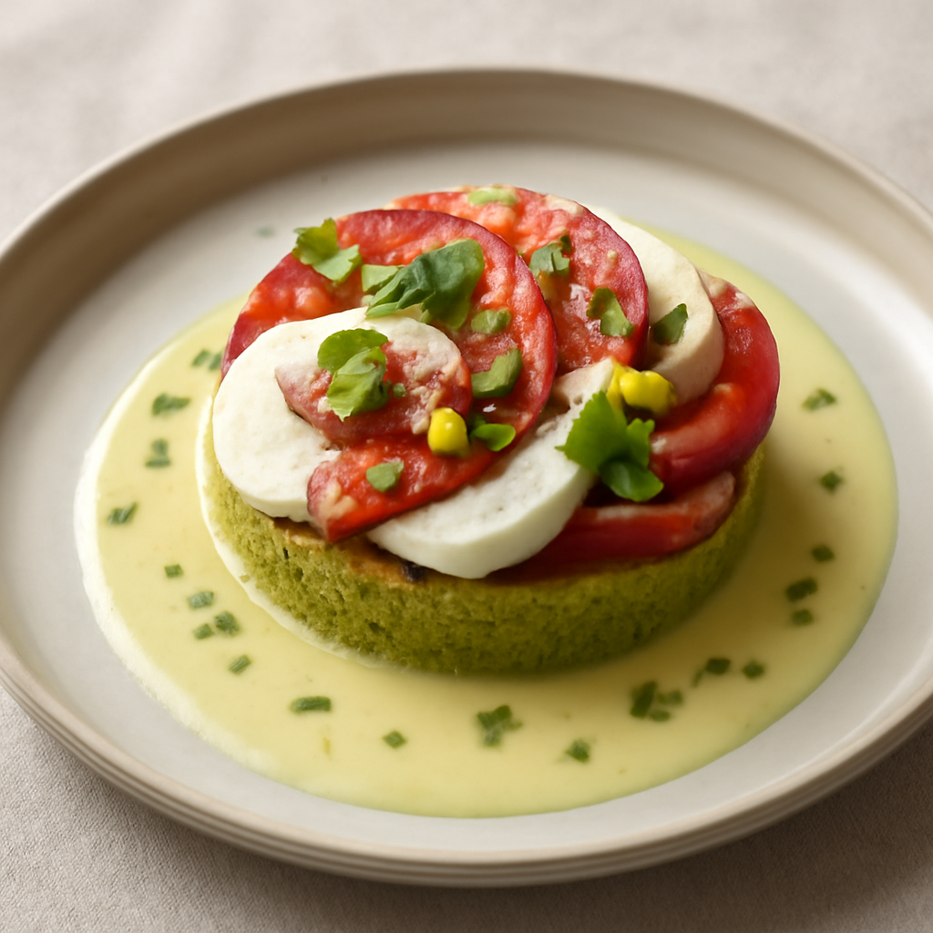Caprese pistacchi e cioccolato bianco con crema inglese aromatizzata alla menta e zenzero