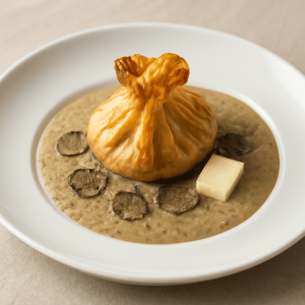 caramella di sfoglia alla caciotta su letto di vellutata di tartufo