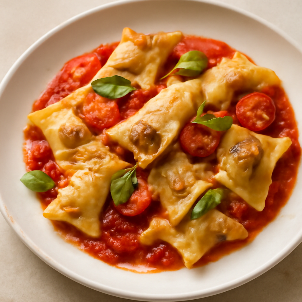 CARAMELLE AL POMODORO FRESCO RIPIENI CON SALSICCIA E FUNGHI