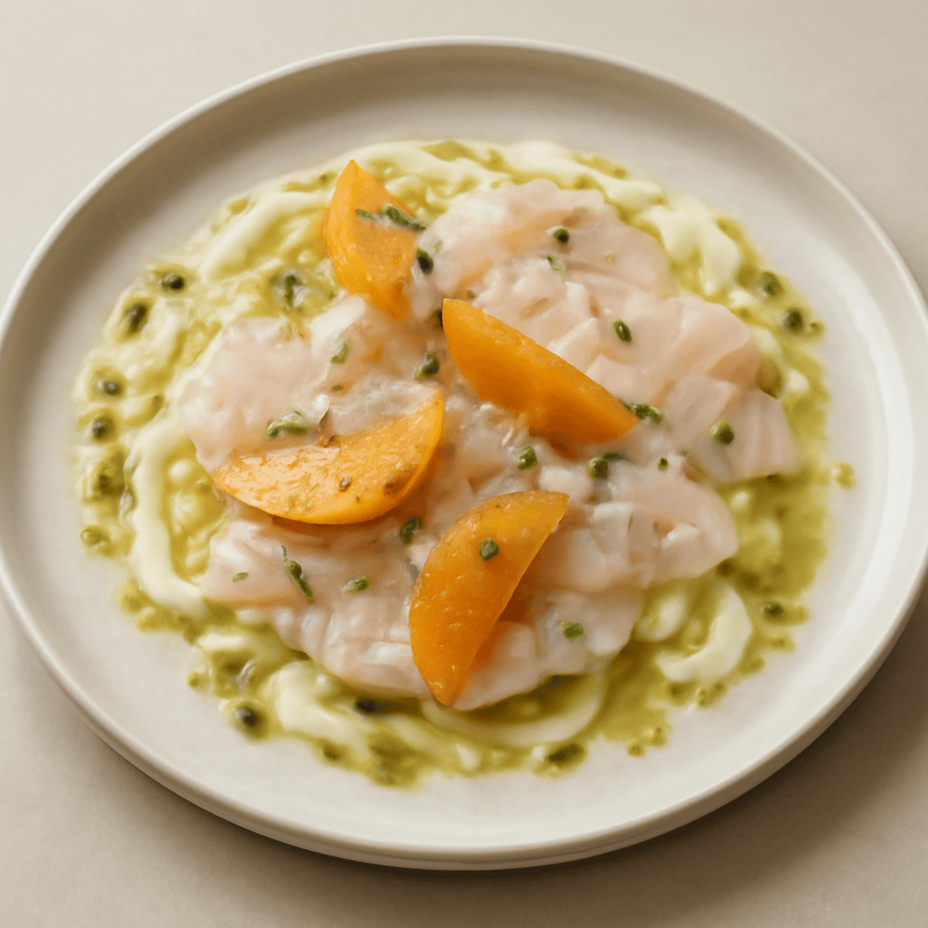 Carpaccio di branzino su letto di finocchi al timo con arance marinate e citronette al pepe verde