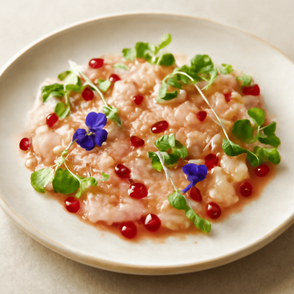 Carpaccio di gambero con vinagrette al melograno, germogli di lenticchia e songino