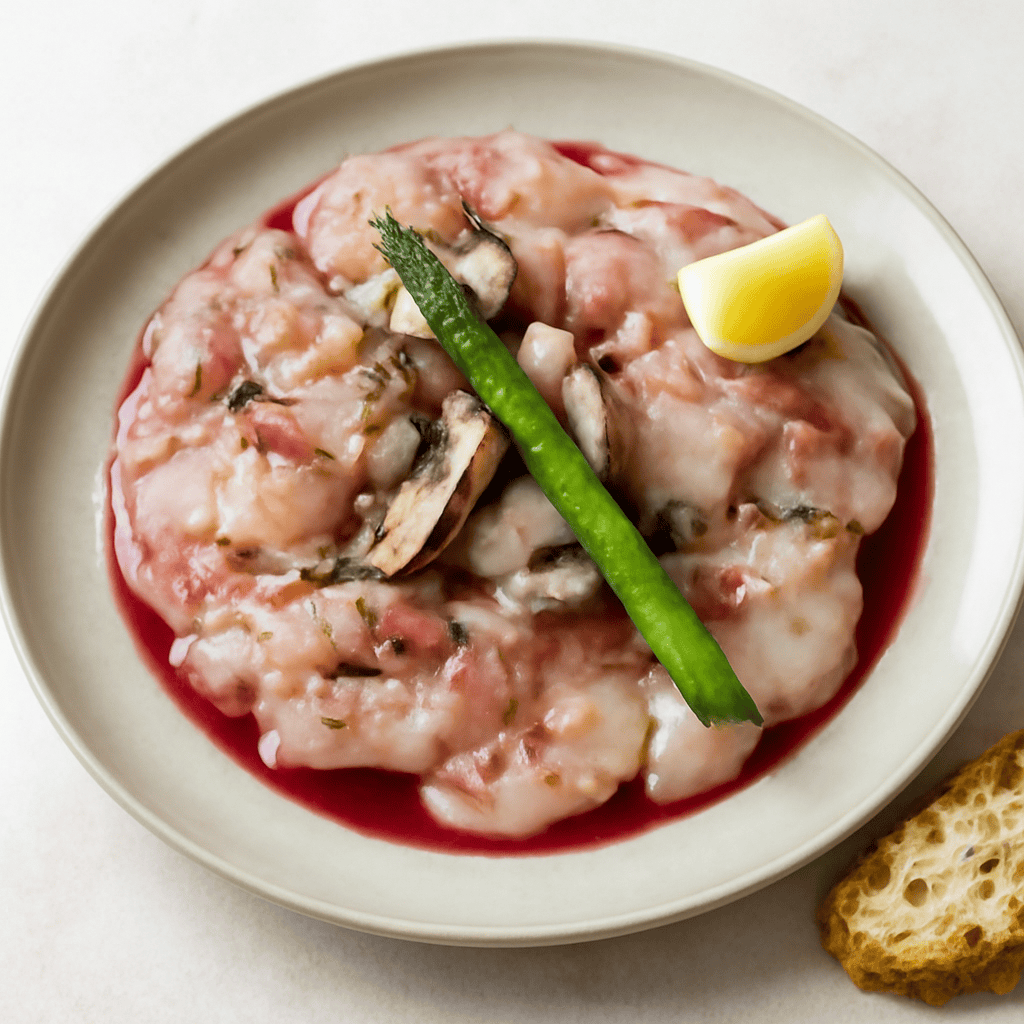 Carpaccio di Rana Pescatrice al succo di mirtilli e vermouth