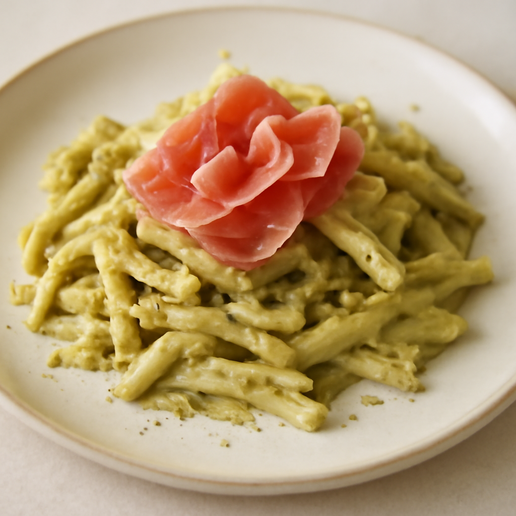 caserecce con crema di pistacchio di bronte e prosciutto di suino nero dei Nebrodi