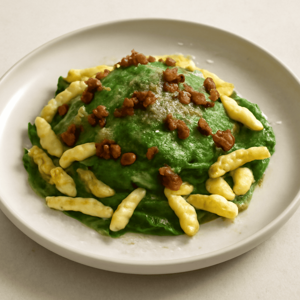 Cavatelli con spumosa di spinaci, croccante di salsiccia e spolvero di pepe e pecorino.