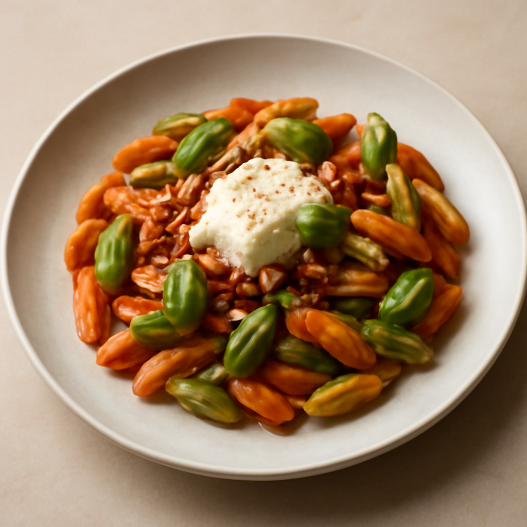 CAVATELLI TRICOLORE CON PESTO ALLA SICILIANA