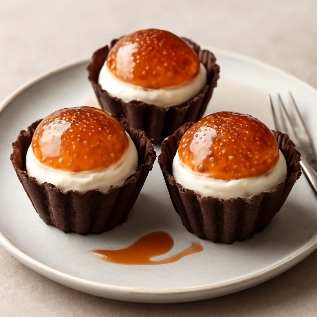 Cestini di cioccolato con bisquit al cacao, mousse al mascarpone e cupola di caramello croccante, senza glutine.
