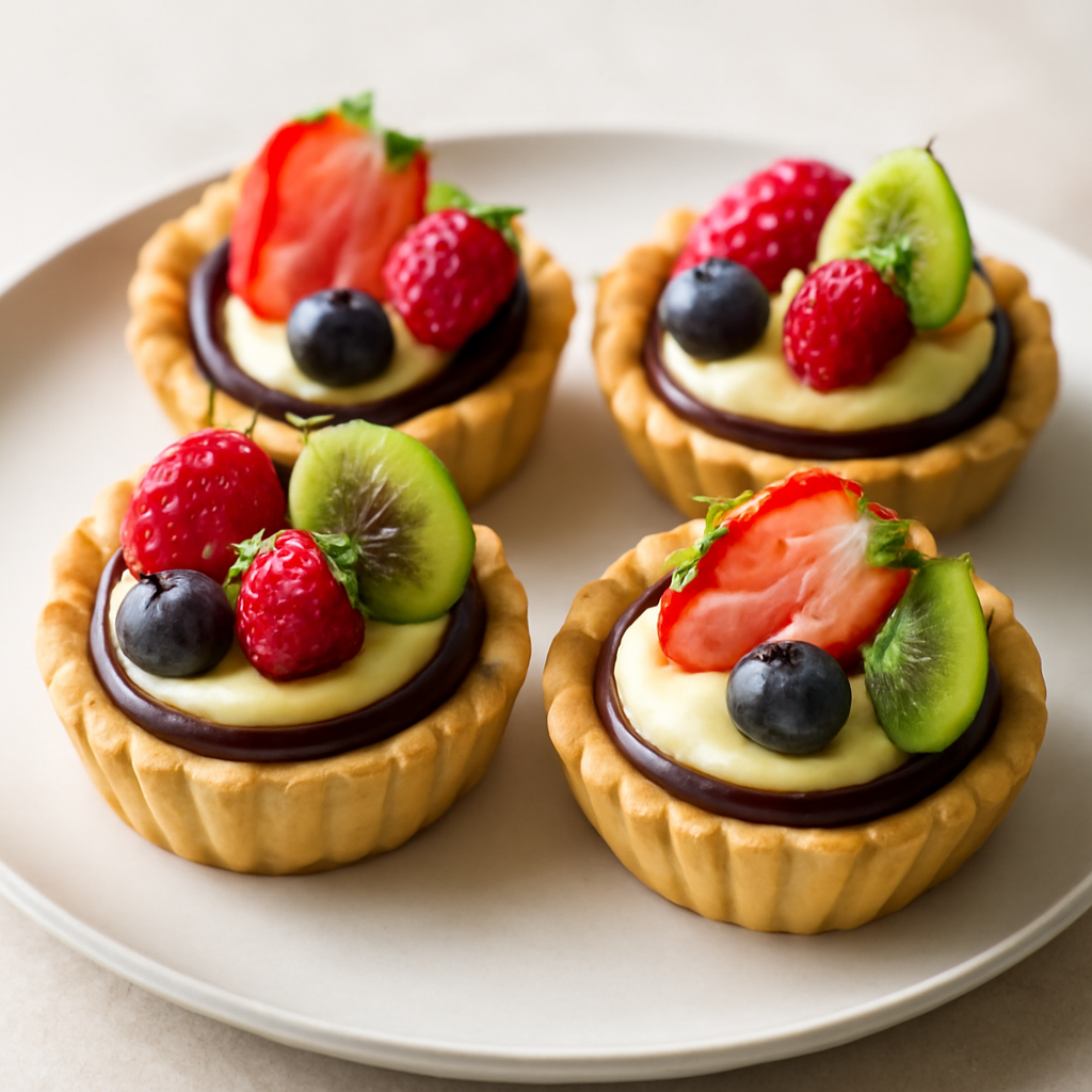 Cestini di frolla con ganache,crema pasticcera e frutta fresca