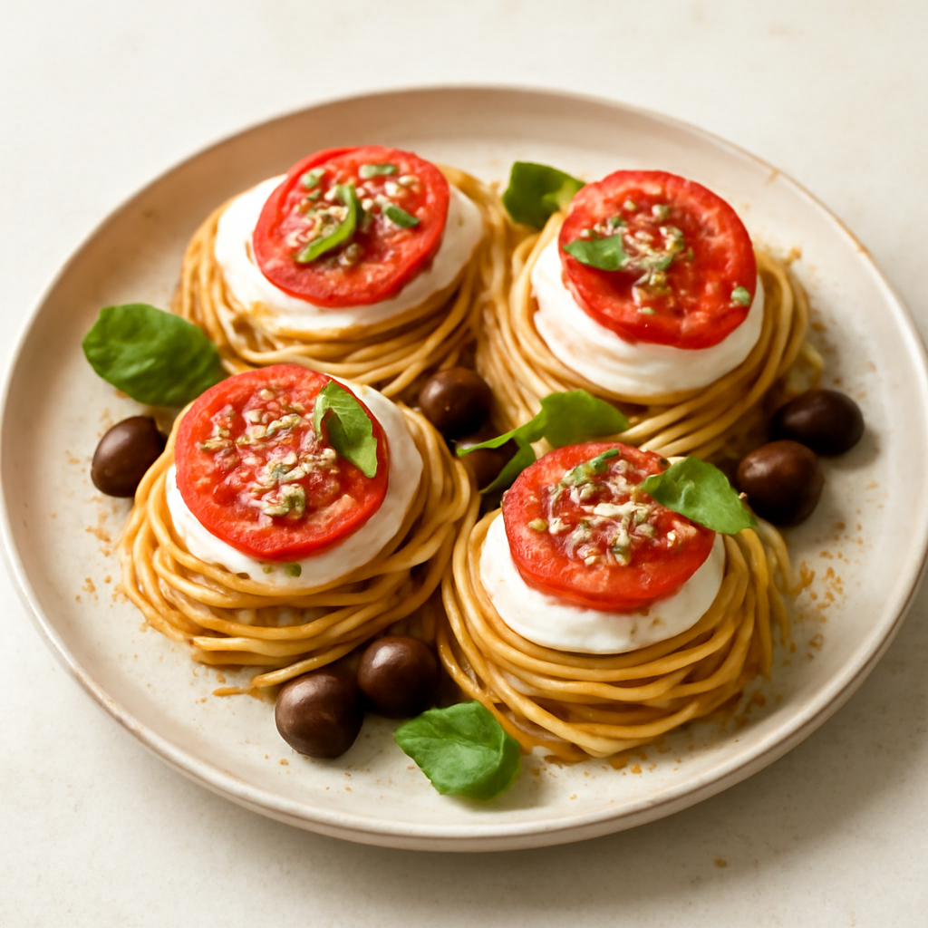 Cestini di spaghetti alla chitarra con caprese
