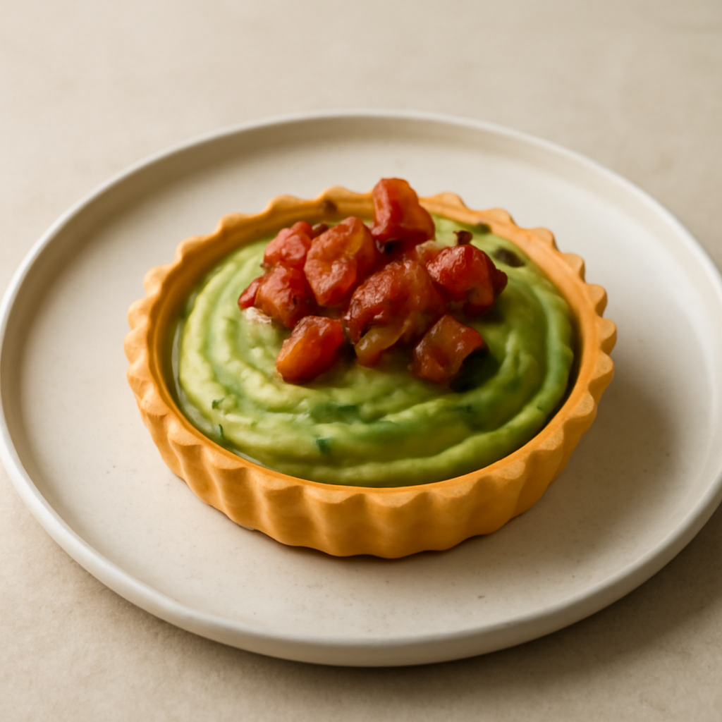 CESTINO DI FROLLA SALATA AL CURRY CON PUREA DI FAVE E PANCETTA CROCCANTE