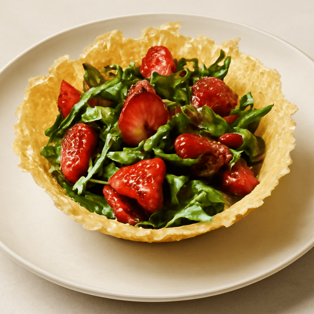 Cestino di Grana con Insalatina di Rucola e Fragole all’Aceto Balsamico