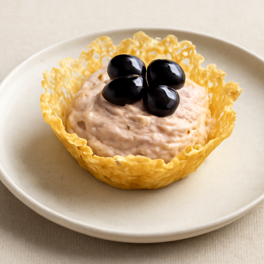 Cestino di grana con mousse di prosciutto cotto e olive nere