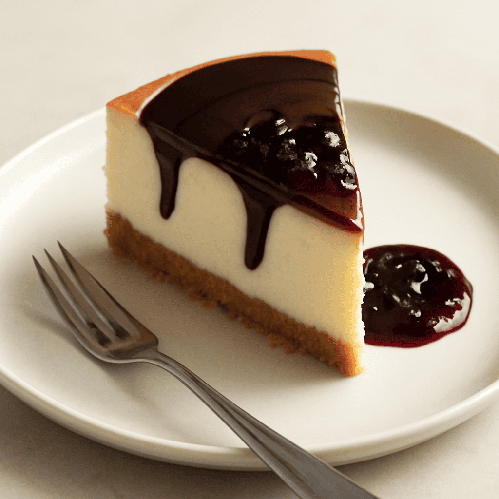 cheescake con composta di mirtilli e ganache al cioccolato fontente