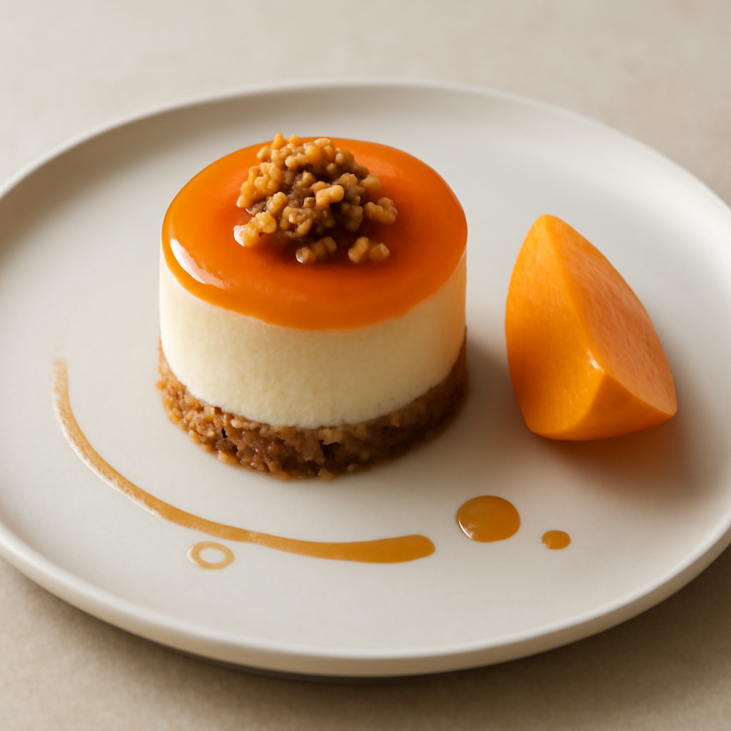 Cheesecake alla vaniglia con gelee di cachi e croccante alle nocciole