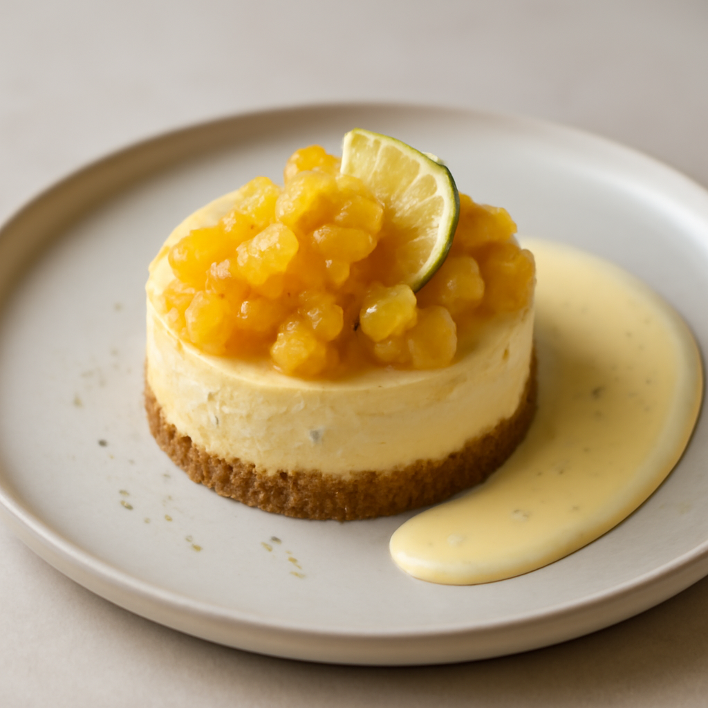 Cheesecake all’ananas spadellato, lime e crema inglese al cioccolato bianco