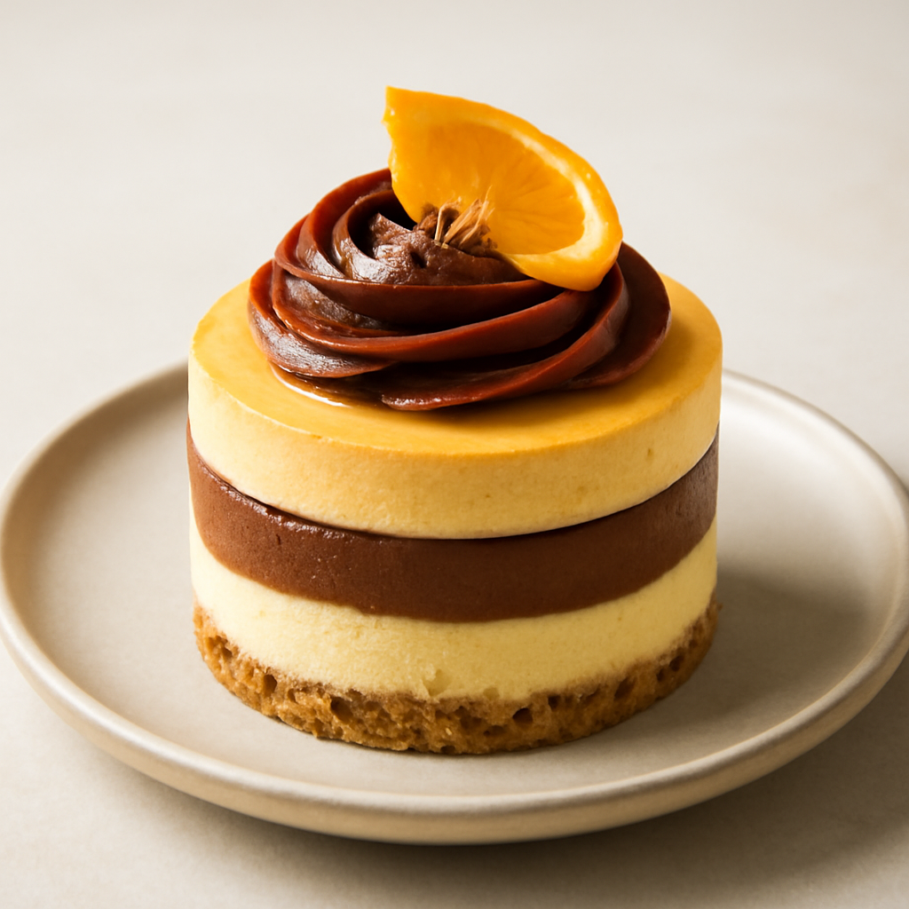 Cheesecake con mousse al cioccolato e mousse all’arancia
