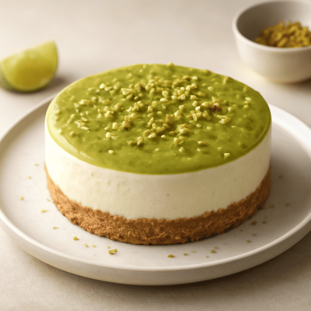 Cheesecake con top al pistacchio su base di friabilissima aromatizzata al lime