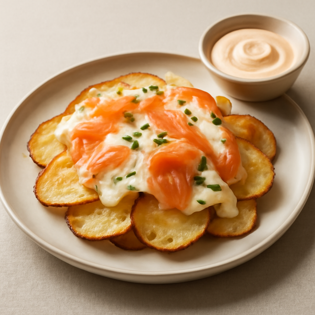 Chips al forno con stracchino e salmone