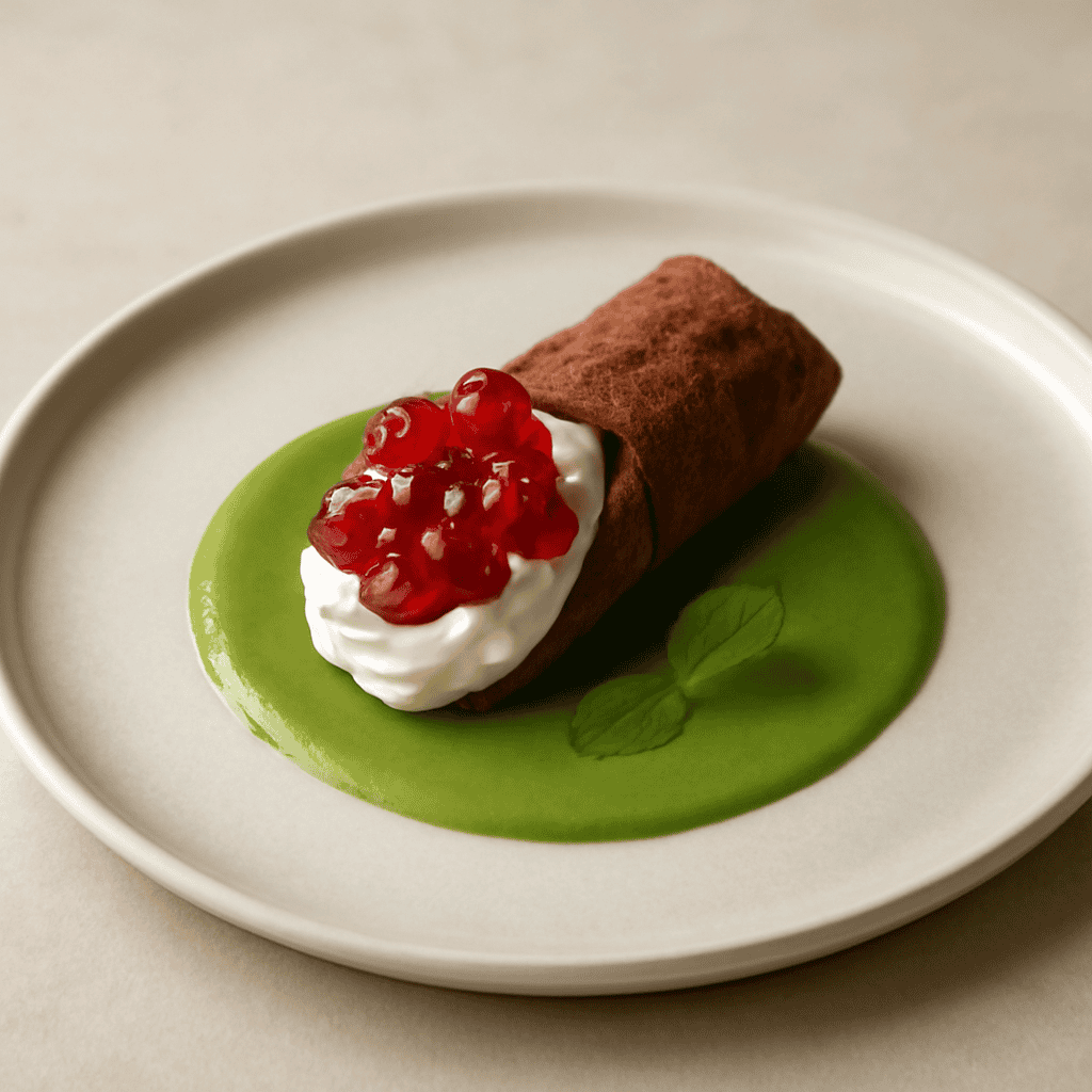Cialda di cannolo con crema al mascarpone e ribes, su crema inglese alla mentuccia