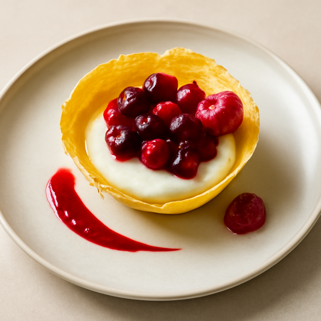 Cialda di polenta bramata con crema all’anice stellato e frutti rossi sciroppati