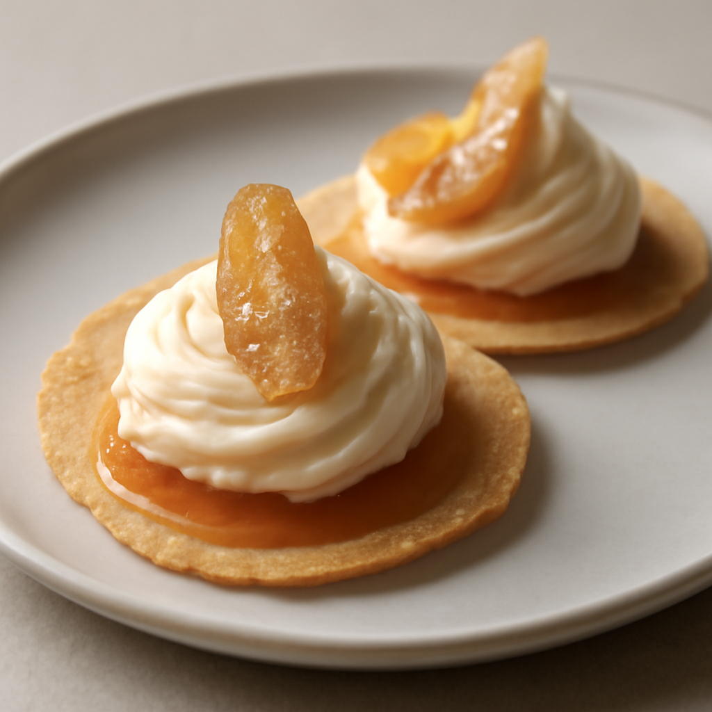 Cialde con mousse di ricotta e pere caramellate farcite con gelatina al passito di Pantelleria