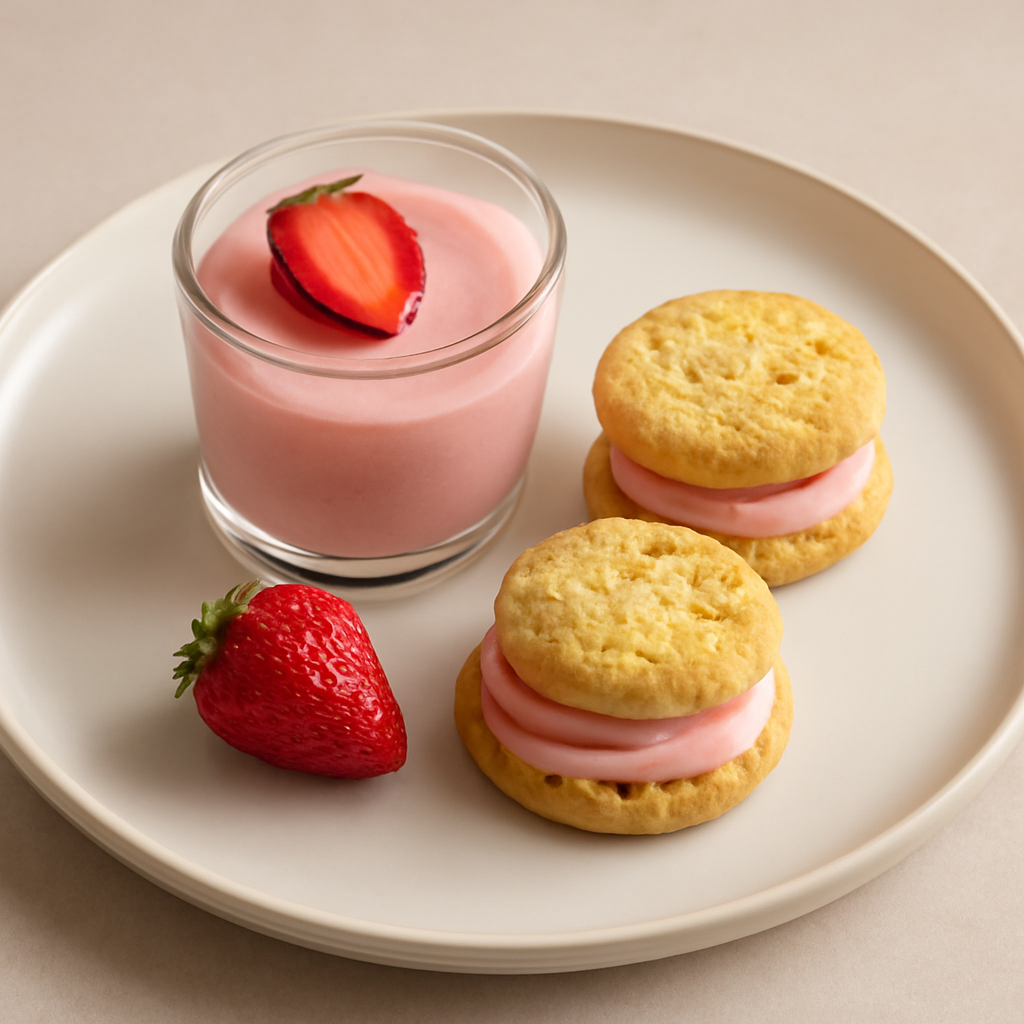 Cialde di mandorla e pistacchi con mousse alle fragole