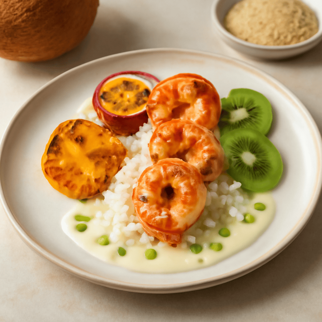 Code di gambero con crema di cocco ananas caramellato frutto della passione kiwi e riso