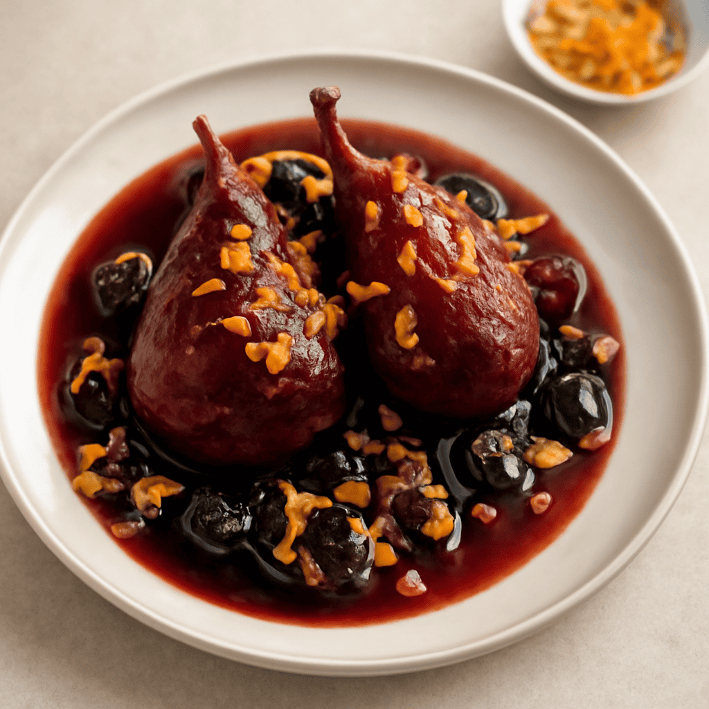 Composta dip ere con vino rosso e spezie, guarnito con sciroppo di zenzero, scorze d’arancia e frutta secca