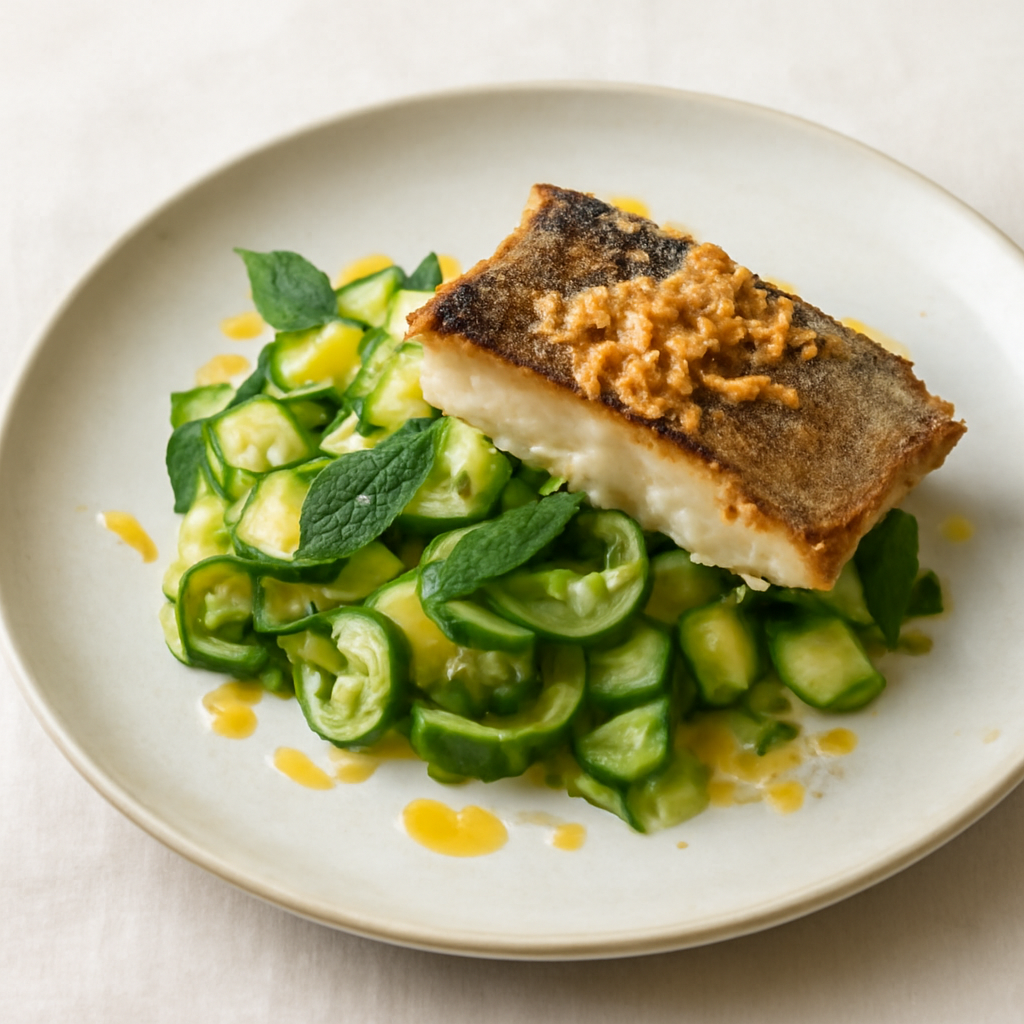 Concia di zucchine e menta con croccante di spigola