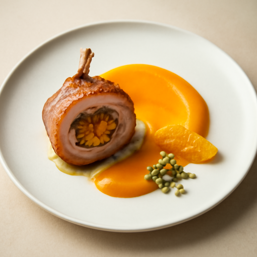 Coniglio con farcia di verdure e crema di arancio