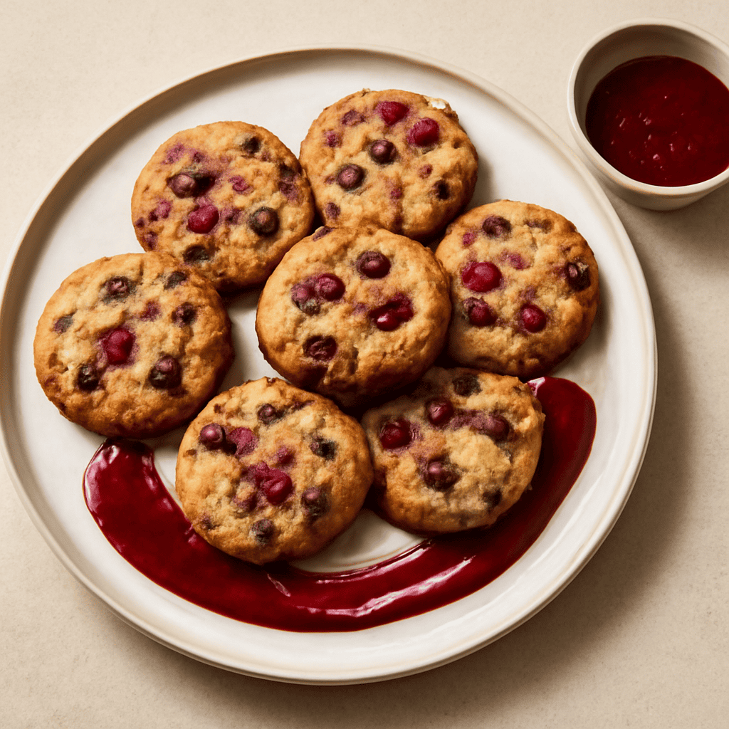 Cookies ai frutti rossi e gocce di cioccolato con coulis ai frutti di bosco