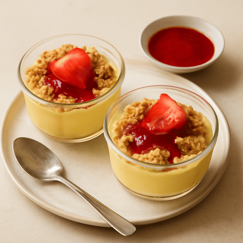 Coppette di crema all’arancia con streuzel e coulis di fragole
