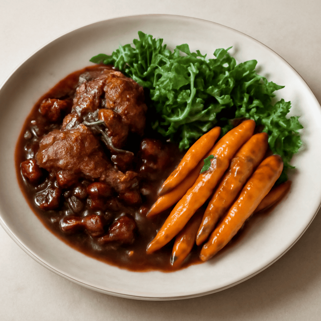 COQ AU VIN AVEC CAROTTES EN VINEGRETTE ET JARDIN DE SALADE