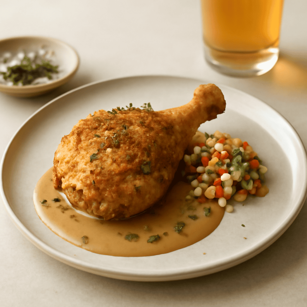 Cosce di pollo fritte con salsa di birra