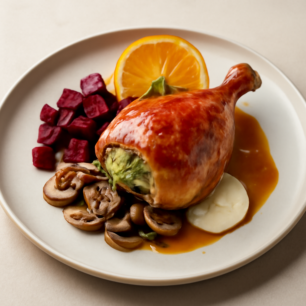 cosce di pollo ripiene con glassa di arancia funghi e rapa rossa